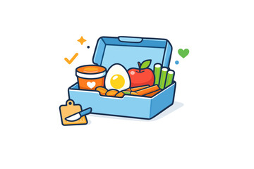 Naklejka premium Healthy snack icons showing a simple snack box with wholesome elements inside, symbolizing preparation, conscious choices and everyday healthy routines.