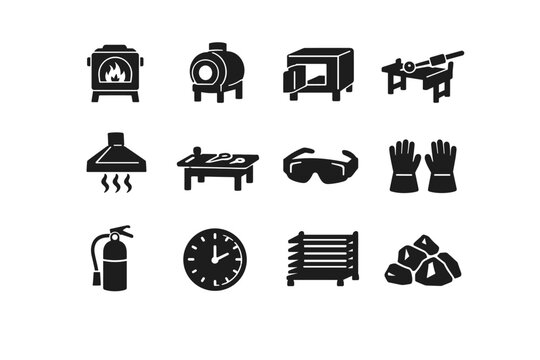 Glass Studio. Solid icon set of Glass Studio: hot shop furnace, glory hole, annealing kiln, glassblowing bench, ventilation hood, tool table, safety goggles,