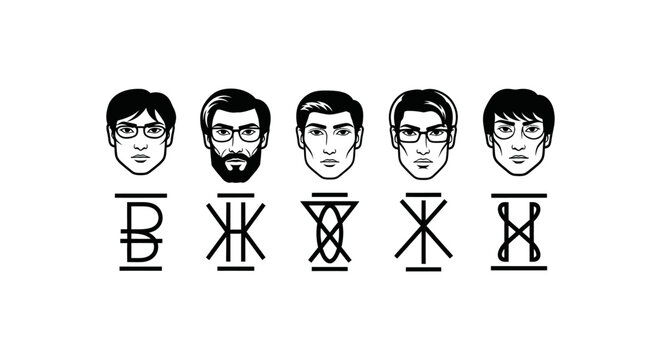stylized male avatars with diverse features and abstract symbols ideal for modern digital identity and branding designs.