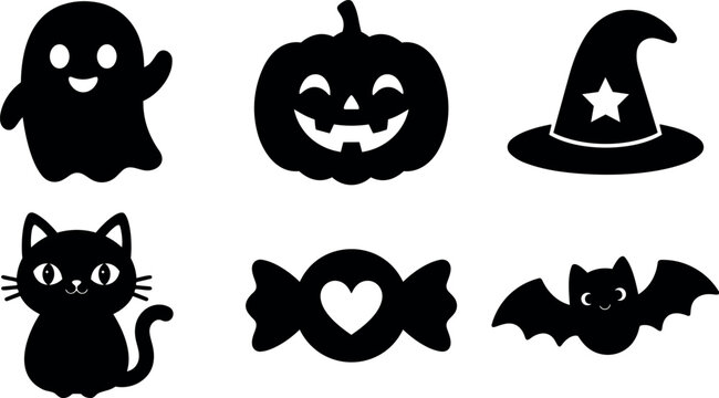 Flat design halloween icon set close up smiling ghost pumpkin jack lantern witch hat black cat candy bat silhouettes