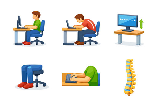DeskPosture. Isometric flat vector icons set of DeskPosture: correct sitting posture at desk, incorrect slouching posture, ergonomic monitor height, feet flat