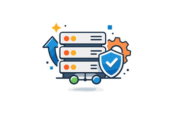 Server management icons captured as a clean visual badge combining server blocks and abstract tech symbols, evoking scalability, professional IT services, and