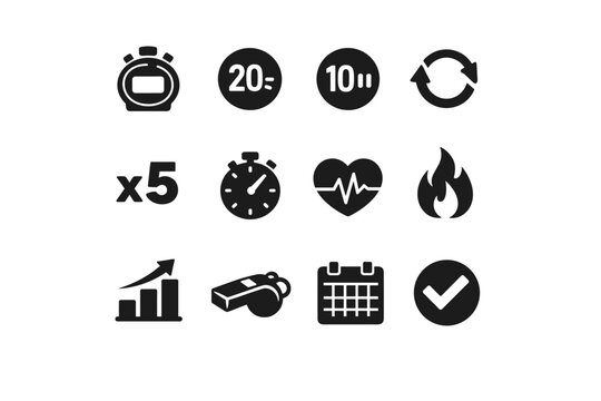 Tabata Training System. Solid icon set of Tabata Training System: interval timer, seconds icon, seconds rest icon, workout cycle arrows, repetition counter,