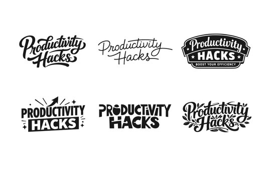 Productivity Hacks. Set lettering. harmonious lettering variations of the same emblematic concept, each with different artistic interpretation (Bold
