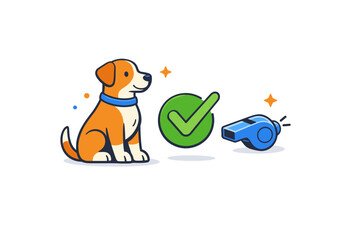 Fototapeta premium Dog training concept represented by a focused dog sitting upright next to a simple checkmark and whistle, suggesting learning, discipline and
