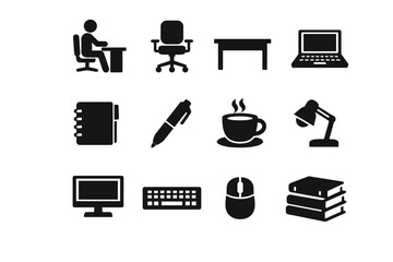Sitting at a desk. Solid icon set of sitting at a desk: person sitting, office chair, desk, laptop, notebook, pen, coffee cup, desk lamp, monitor, keyboard,