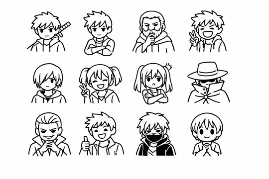 Anime Archetypes. Line icon set of Anime Archetypes: hero protagonist, rival character, mentor figure, comic relief, quiet loner, energetic girl, tsundere