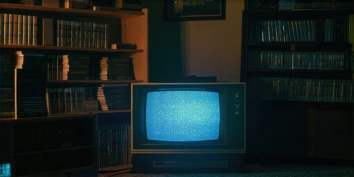 Dark room features bookshelves filled with media. Vintage television displays static, creating eerie glow. Warm lighting highlights textures.