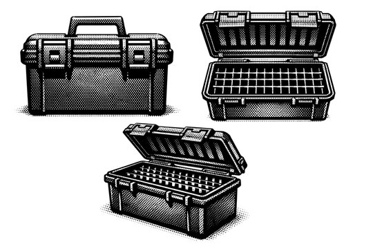 Ammo storage box shown closed front view, open top view, and angled perspective, revealing structured interior slots and realistic rigid proportions. Black and