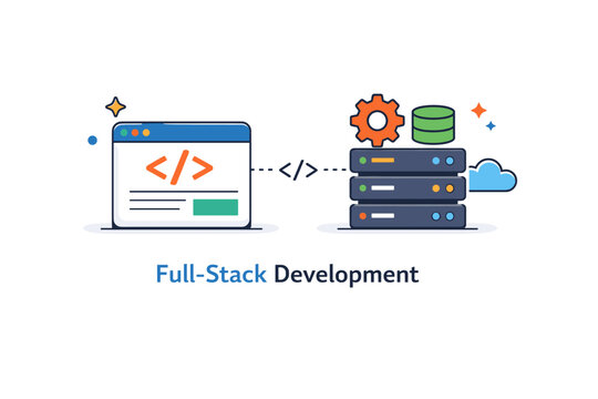 Full stack development skills built during an immersive bootcamp journey. A balanced composition of front-end browser window and back-end server