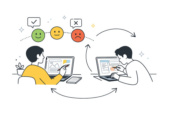 Testing and iteration. A person observing feedback icons and adjusting a prototype with arrows looping back. Scene emphasizes learning, refinement, and