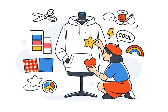 Customizable fashion items. A designer arranging interchangeable patches, color swatches, and fabric samples around a blank white hoodie on a mannequin.