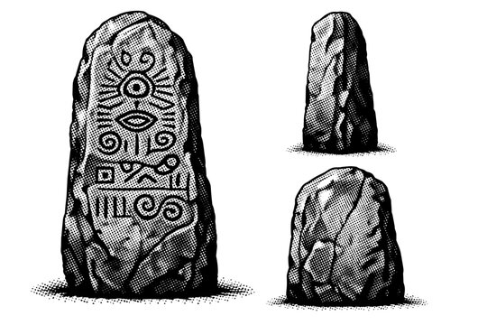 Stone Monolith ? carved ancient monolith. A carved ancient stone monolith with subtle inscriptions and weathered edges depicted as one isolated
