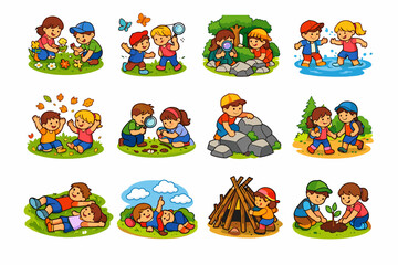 Naklejka premium Kids Nature Play. Colorful isometric vector icons set of Kids Nature Play: children picking flowers, kids chasing butterflies, children exploring forest, kids