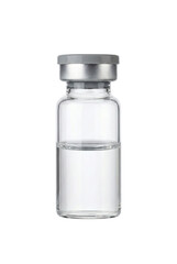 Clear glass vaccine vial with transparent liquid isolated. Medical serum dose mockup.
