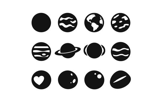 Planets. Solid icon set of Planets: mercury, venus, earth, mars, jupiter, saturn, uranus, neptune, pluto, ceres, eris, haumea. Filled icons set in only black