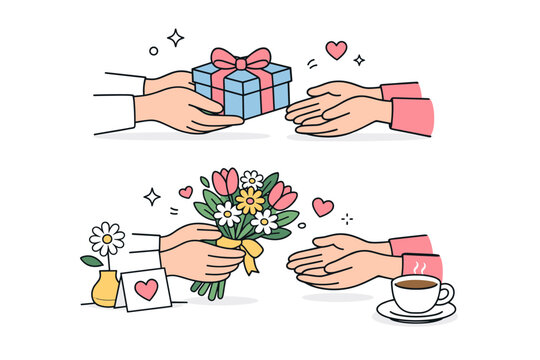 Mother?s Day gift moment. A tidy editorial scene with hands giving flowers or a small gift, conveying gratitude and affection. Calm interaction, simple props,