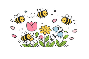 Bee interaction with flower garden. A small cluster of bees hovering and landing around diverse spring flowers, showing cooperative and lively activity, petals