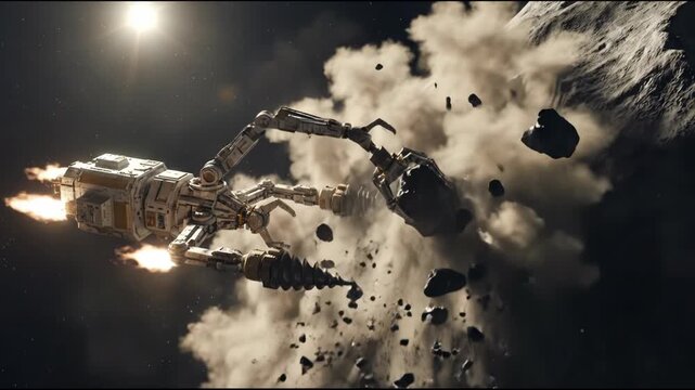 Spaceship mining an asteroid. Future commercial space industry, resources extraction and celestial body exploration concept.