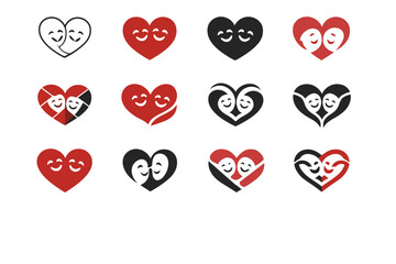 Couples sharing laughter and joy together. Icon set. Set Logo of happiness: heart with smiling faces. harmonious logo variations of the same emblematic