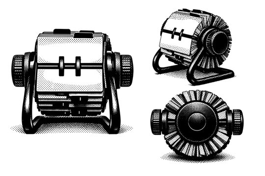 Rolodex card holder drum. A realistic Rolodex focusing on the rotating card holder drum is presented as a single object shown in three views emphasizing card