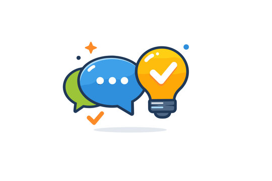 Online feedback and discussion represented by a speech bubble combined with a checkmark or lightbulb symbol, expressing constructive dialogue, ideas and mutual
