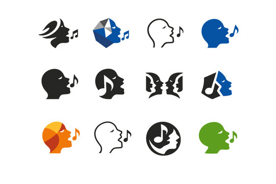 Online singing tutorials and lessons. Icon set. Set Logo of Online singing tutorials and lessons: singing face profile. harmonious logo variations of the same