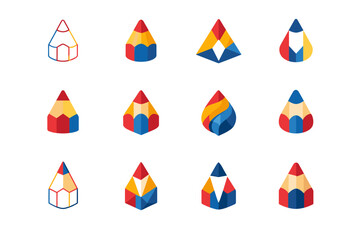 Drawing with colored pencils. Icon set. Set Logo of Drawing with colored pencils: colored pencil tip. harmonious logo variations of the same emblematic