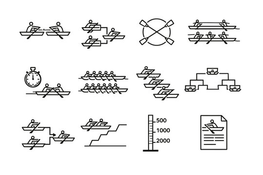 Rowing Race Formats. Line icon set of Rowing Race Formats: head to head race, knockout race, round robin race, lane race format, time qualification race, mass