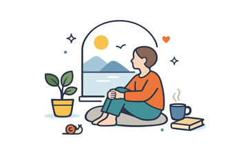 Fototapeta premium Slow living scene visualized by a person sitting near a window with simple nature elements, symbolizing peace, awareness, and time spent offline. Minimalist