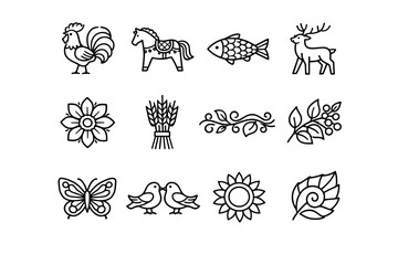 Obraz premium Folk Motifs. Line icon set of Folk Motifs: rooster motif, horse motif, fish motif, deer motif, flower rosette, wheat sheaf, vine ornament, berry branch,