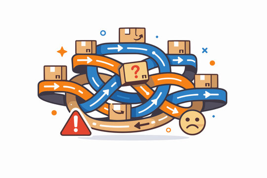 Reverse logistics nightmare illustrated through a tangled flow of boxes moving in opposite directions, conveying confusion, inefficiency and operational