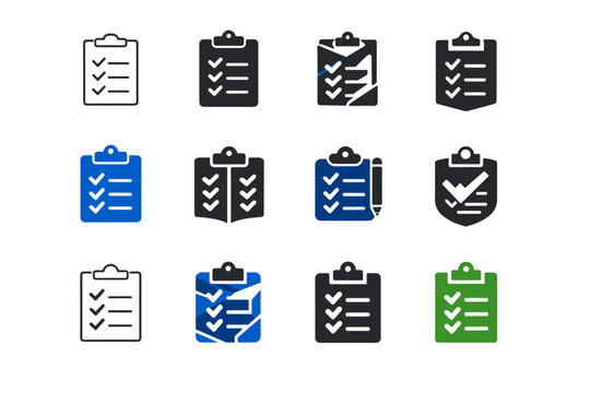 Software testing checklist. Icon set. Set Logo of checklist: clipboard with checkmarks. harmonious logo variations of the same emblematic concept, each with