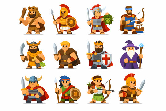Legendary Heroes. Colorful flat vector icons set of Legendary Heroes: hercules, achilles, perseus, odysseus, gilgamesh, beowulf, king arthur, merlin,