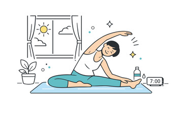 Obraz premium Morning exercise. A person stretching on a yoga mat near a window with sunlight streaming in, creating a calm and energizing start to the day. Minimalist flat