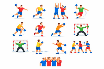 Fototapeta premium Handball actions. Colorful flat vector icons set of handball actions: jump throw motion, fast break run, defensive block, spin shot, bounce pass, fake move,