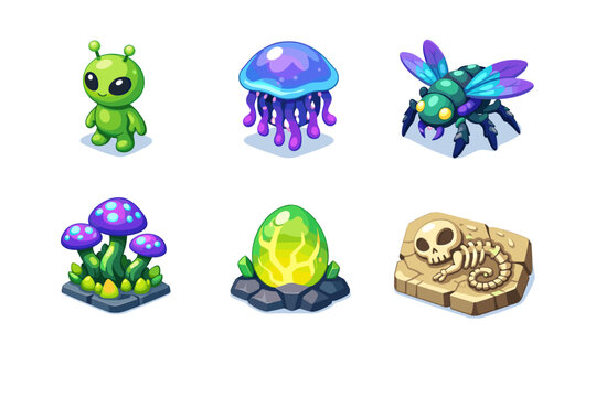 AlienLife. Isometric flat vector icons set of alienlife: small martian creature, floating alien jelly, alien insect, spore plant, glowing egg, alien fossil.