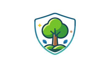 Nature care expressed through a tree icon protected by a soft shield outline. The visual suggests conservation, protection, and long term environmental