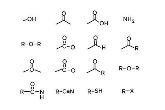 Functional Groups. Line icon set of Functional Groups: hydroxyl group, carbonyl group, carboxyl group, amino group, ether linkage, ester group, aldehyde group,