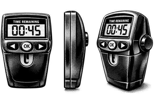 Parking meter digital display A realistic modern parking meter display module shown in three views: front display view, side thickness view, and three-quarter