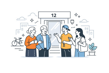 Urban community. Neighbors talking near an apartment building entrance, friendly interaction and connection. Sense of belonging and social life in a modern