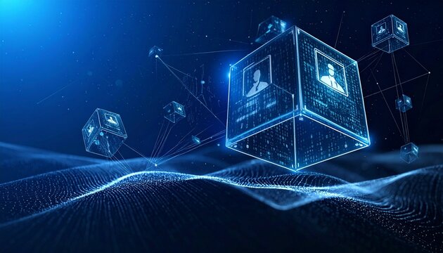 "Interconnected digital cubes floating above Earth, symbolizing blockchain, global connectivity, and decentralized data identity systems."