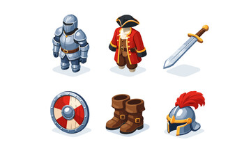 Naklejka premium Historical reenactment. Isometric flat vector icons set of Historical reenactment: medieval armor suit, period costume outfit, historical sword, round shield,