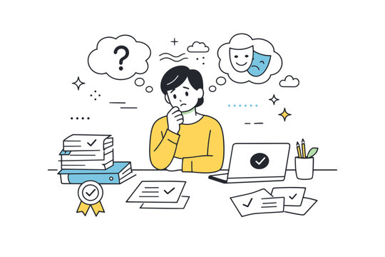 Impostor syndrome awareness. A person standing at a desk feeling uncertain despite completed work around them, expressing self-doubt and quiet anxiety.