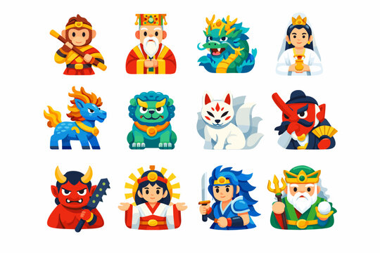 Asian Mythology. Colorful flat vector icons set of Asian Mythology: sun wukong, jade emperor, dragon king, guanyin, qilin, foo dog, kitsune, tengu, oni,