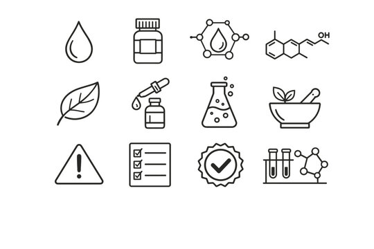 Skincare Ingredients. Line icon set of Skincare Ingredients: ingredient drop, vitamin bottle, hyaluronic acid symbol, retinol molecule, botanical leaf, oil