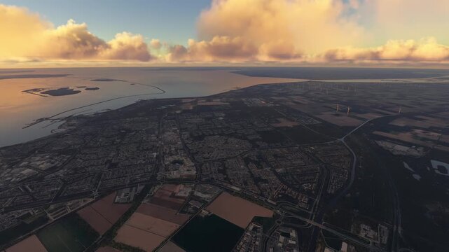 Sunset aerial drone view of Lelystad. Flevopolder. Netherlands
