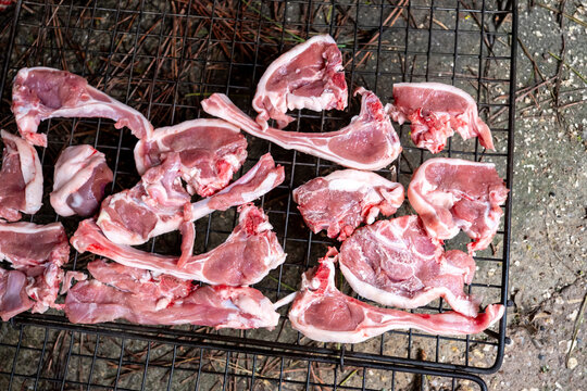 Raw lamb chops on grill ready for cooking outdoors
