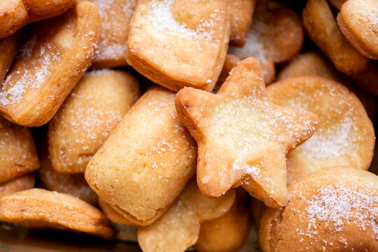 Freshly baked homemade cookies on a wooden table