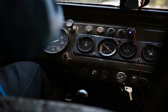 Close-up of vintage car dashboard and controls